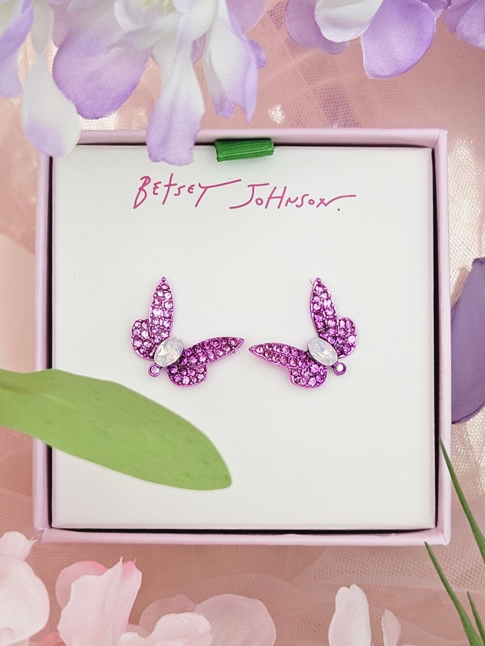 Betsey Johnson Fuchsia Pink Butterfly Earrings Studs Vacation Summer Glam Gift